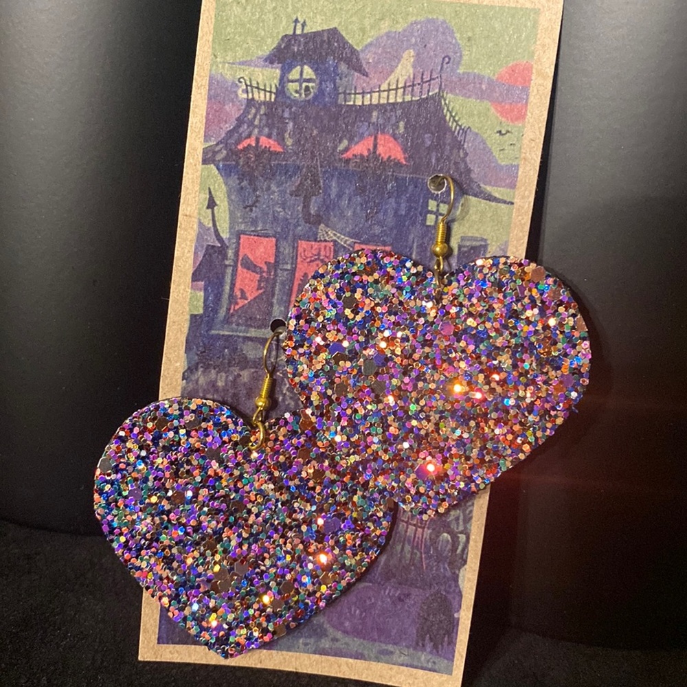 Multi colored sparkling heart earrings gold hooks